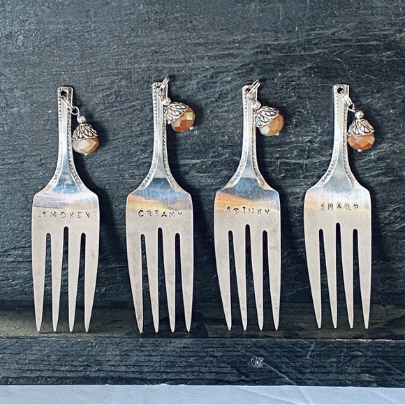 Handcrafted Cheese Forks Puritan Silverplate Set of 4 Sharp Creamy Stinky Smokey - Picture 1 of 9